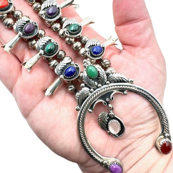 Native American M Haley Sterling Silver Gemstone Squash Blossom Necklace 100 GMS - Picture 4 of 15